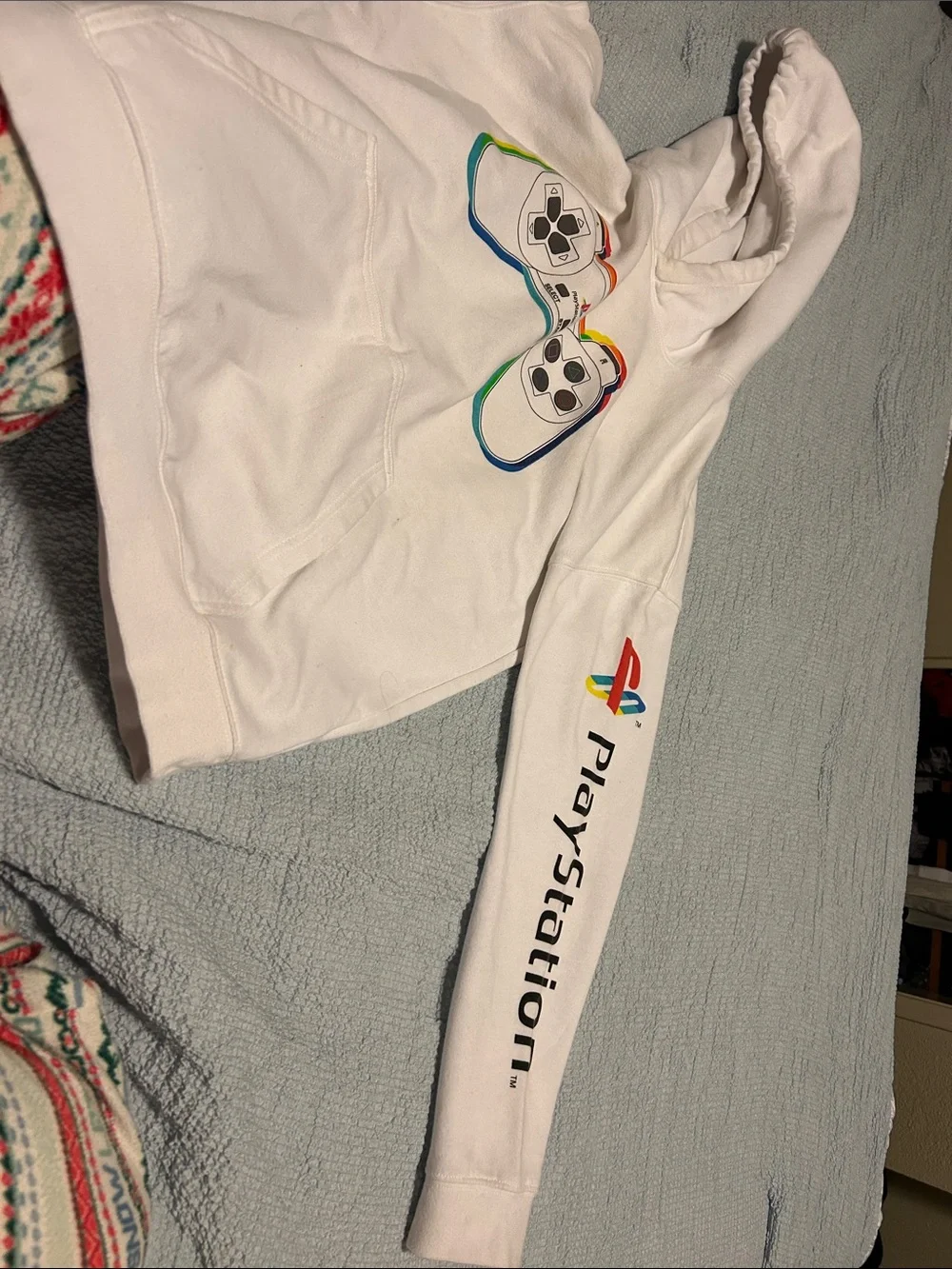 H&M White Hoodie with Rainbow-Outlined Gamepad Graphic
